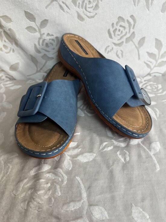 GoodChoice Shoes - Hamden Platform Slide Sandal Blue With Buckle & Stitch Size 9.5 Good Choice